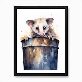 Light Watercolor Painting Of A Possum In Trash Can 1 Art Print