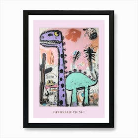 Abstract Pink Blue Graffiti Style Dinosaur Picnic 4 Poster Art Print