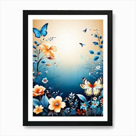 Butterfly And Flowers Wallpaper, A Butterfly-Toned Design With Flowers And Leaves Trees And Birds A Beautiful And Simple Picture 1 Art Print