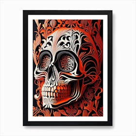 Skull With Intricate Linework 1 Orange Linocut Art Print