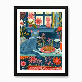 Tea Time With A Russian Blue Cat 2 Art Print