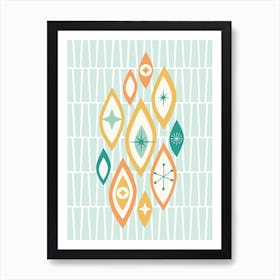 Atomic Age MCM Abstract Shapes And Stars Teal, Aqua, Orange Art Print