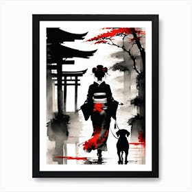 Geisha Woman With Dog Art Print