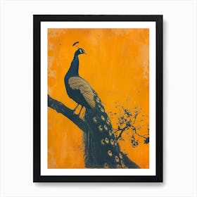 Vintage Orange & Navy Blue Peacock On A Tree Branch 3 Art Print