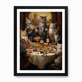 Medieval Cat Banquet With Castle In The Background Art Print