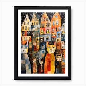 Patchwork Cats In Front Of Vintage Houses Art Print