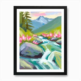 Mountain Stream With Pink Flowers 1 Art Print