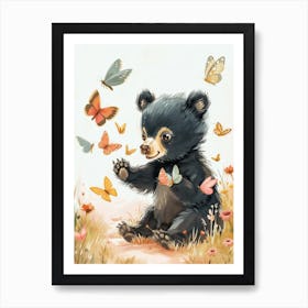 American Black Bear Cub Playing With Butterflies Storybook Illustration 3 Art Print