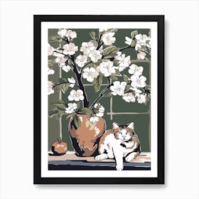 Drawing Of A Still Life Of Apple Blossom With A Cat 2 Art Print