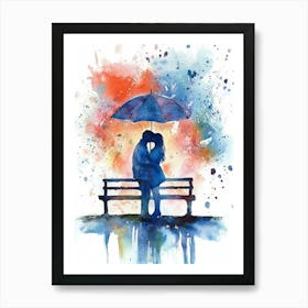 Happy Couple Lover Kissing Under The Umbrella, Wedding Card Or Engagement Art Print