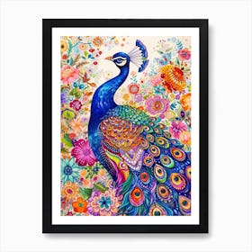 Peacock Maxmalism Floral Portrait 1 Art Print