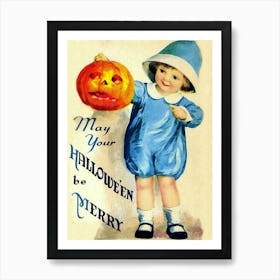 Little Boy With Pumpkin Wishes You A Happy Halloween Art Print