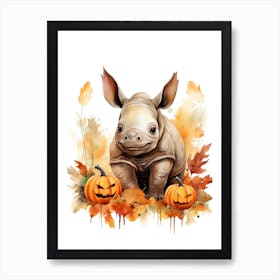 A Rhino Watercolour In Autumn Colours 2 Art Print