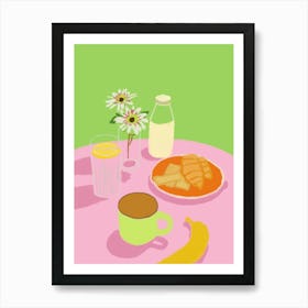 Pink and Green Still Life Croissant Coffee Poster Art Print