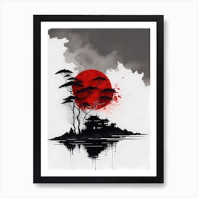 Chinese Ink Painting Landscape Sunset (19) Art Print