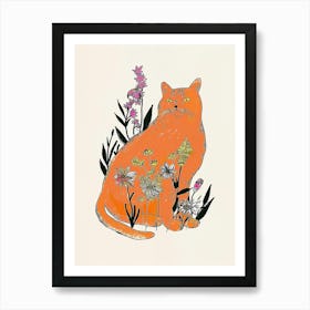 Cute Orange Cat With Flowers Illustration 4 Art Print