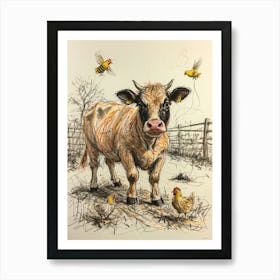 Cow And Chickens 2 Art Print