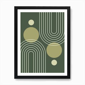 Mid Century Modern Geometric Rainbow and Sun Abstract Line  Art Circle Shapes  in Forest Sage Green Art Print