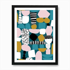 Abstract Shapes Pink Teal White Gold Contemporary Pattern Art Print