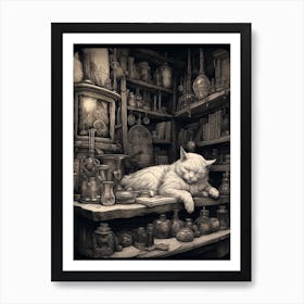 A Fluffy Cat Sleeping On The Desk In An Alchemy Black Etching Art Print