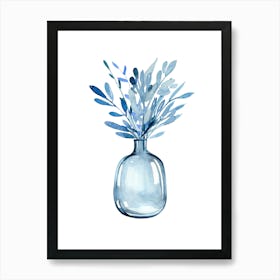 Blue Watercolour Leaves In Vase Art Print Art Print