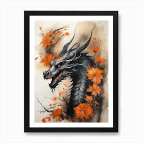 Japanese Dragon Abstract Flowers Painting (32) Art Print