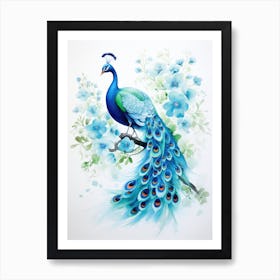 Peacock With Blue Flowers Art Print