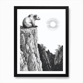 Malayan Sun Bear Looking At A Sunset From A Mountain Ink Illustration 1 Art Print