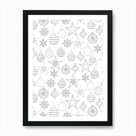 Line Art Stars and Christmas Ornaments Black and White Color In Yourself Art Print