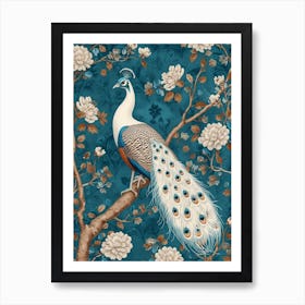 Turquoise & White Peacock On A Branch Wallpaper Art Print
