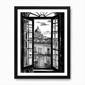 Window View Of Lisbon Portugal   Black And White Colouring Pages Line Art 4 Art Print