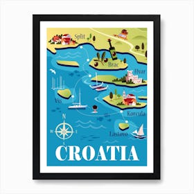 Croatia Illustrated Map Poster Blue & Green Art Print