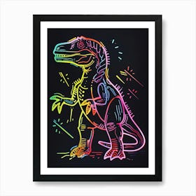 Neon Rainbow Dinosaur Line Illustration With Black Background 3 Art Print