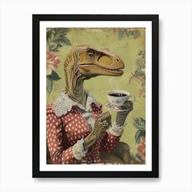 Dinosaur Drinking Coffee Retro Collage 4 Art Print