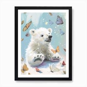 Polar Bear Cub Playing With Butterflies Storybook Illustration 2 Art Print