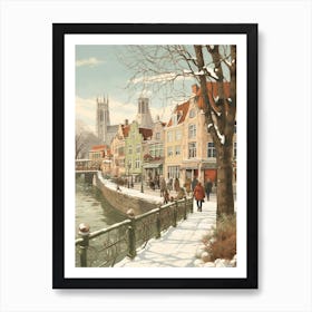 Vintage Winter Illustration Bruges Belgium 3 Art Print