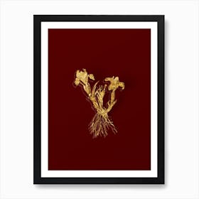 Vintage Sand Iris Botanical in Gold on Red Art Print