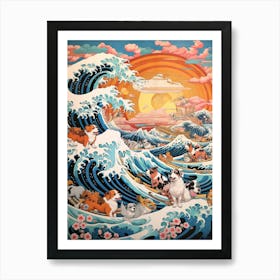 The Great Wave Off Kanagawa With Puppies Kitsch Art Print