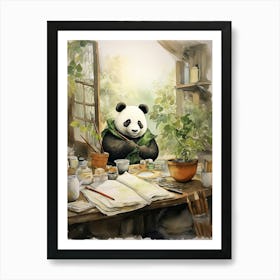 Panda Art Doing Calligraphy Watercolour 2 Art Print