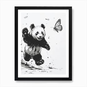 Giant Panda Cub Chasing After A Butterfly Ink Illustration 2 Art Print