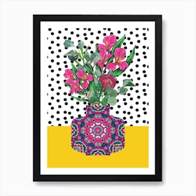 Pink Flowers in Patterned Vase Art Print