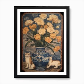 Lisianthus With A Cat 2 William Morris Style Art Print