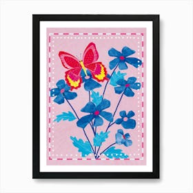 Pink Butterfly On A Blue Flower Art Print