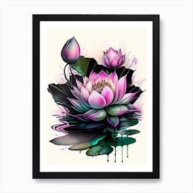 Blooming Lotus Flower In Pond Graffiti 2 Art Print