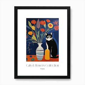 Cats & Flowers Collection Irises Flower Vase And A Cat, A Painting In The Style Of Matisse 2 Art Print