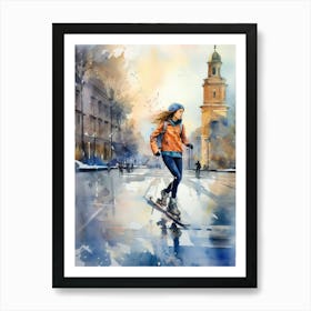 Girl Skateboarding In Oslo, Norway Watercolour 3 Art Print