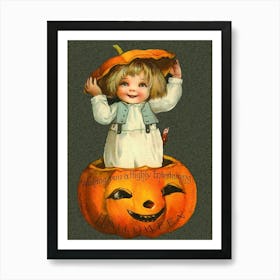 Cute Little Boy Is Coming From A Carved Pumpkin Art Print