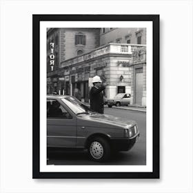 Policia Directing Traffic In Rome Black And White Art Print