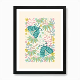 TWO MOTHS Delicate Bugs Floral with Pastel Garden Flowers Teal Turquoise Art Print