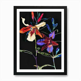 Neon Flowers On Black Lobelia 1 Art Print